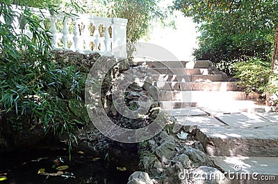 Bamboo, pond, steps and fence in the botanical garden Stock Photo