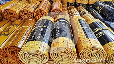 Bamboo slips of ancient Chinese writing Stock Photo