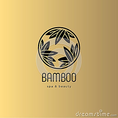 Bamboo spa salon logo. Spa emblem. Bamboo leaves in a circle with letters. Gold background. Vector Illustration