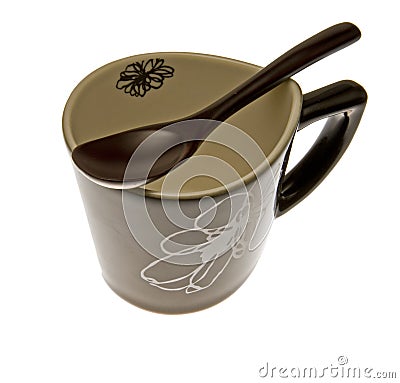 Bamboo spoon on empty Japanese coffee cup Stock Photo