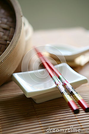 Bamboo steam set with chopsticks Stock Photo