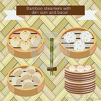Bamboo steamers with dim sum and baozi Vector Illustration