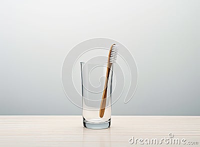 Bamboo toothbrush, glass of water, white a cotton towel and powder for brushing your teeth in jar. light gray concrete Stock Photo