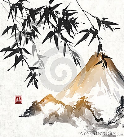 Bamboo trees and Fuji mountain. Vector Illustration