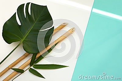 Bamboo trunks and lieaves on azure background. Eco friendly top view with copy cpace. Stock Photo