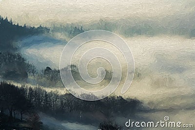 A Bamford Edge digital oil painting of trees and mist in the Peak District, UK Stock Photo