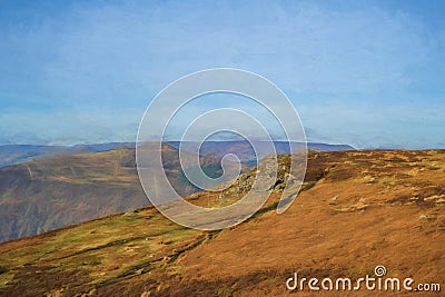 Bamford Edge digital oil painting of Win Hill at sunrise in the Peak District, UK Stock Photo