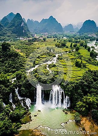 Ban Gioc Detian waterfall on China and Vietnam border aerial vie Stock Photo
