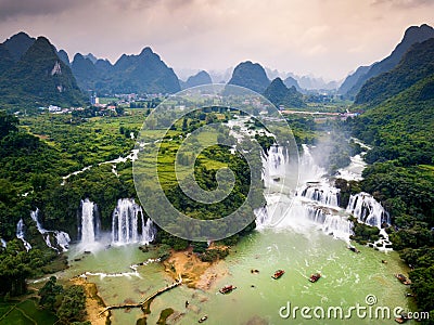 Ban Gioc Detian waterfall on China and Vietnam border aerial vie Stock Photo