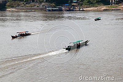 Ban Houei Sai 12/23/2013 ferry crossing of Mekong river from Thailand to Laos Editorial Stock Photo