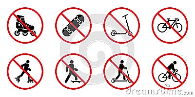 Ban Rollerskate Silhouette Icon Set. Bike Forbid Pictogram. Skateboard Roller Skate Kick Scooter Permit Green Symbol. No Vector Illustration