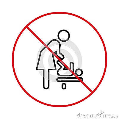 Ban Woman Baby Room Black Line Icon. Prohibited Zone Care Child Diaper Red Stop Outline Symbol. Forbidden Mother Change Vector Illustration