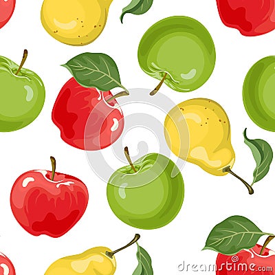 Pear, apples seamless pattern. Food vector illustration in cartoon simple flat style. Cartoon Illustration