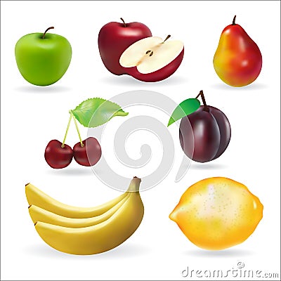 Banana apple pear cherry lemon fresh summer fruits set Vector Illustration