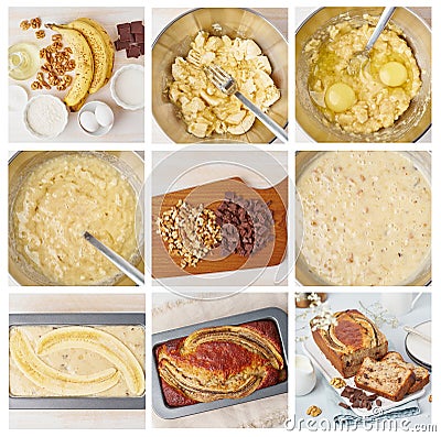 Banana bread. Collage, step by step recipe. Cake with, banana, chocolate, walnut Stock Photo