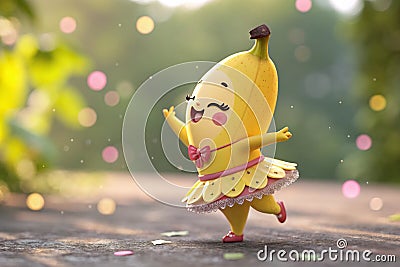 banana chibi character, dancing wears cute outfit, random bokeh background. 3d realistic art - generated by ai Stock Photo