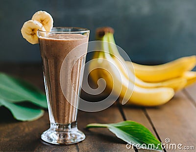 Banana-chocolate smoothie with cocoa, in a tall glass, on a wooden table. Healthy drink, vegetarian Stock Photo