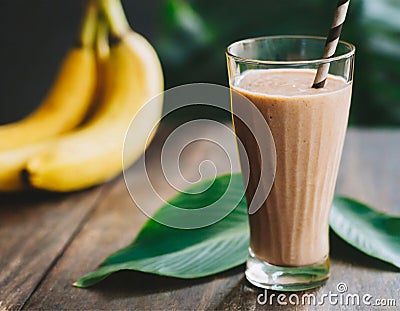 Banana-chocolate smoothie with cocoa, in a tall glass, on a wooden table. Healthy drink, vegetarian Stock Photo