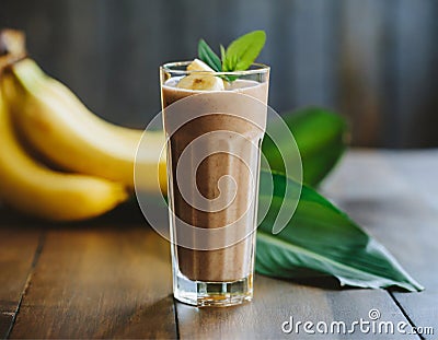 Banana-chocolate smoothie with cocoa, in a tall glass, on a wooden table. Healthy drink, vegetarian Stock Photo