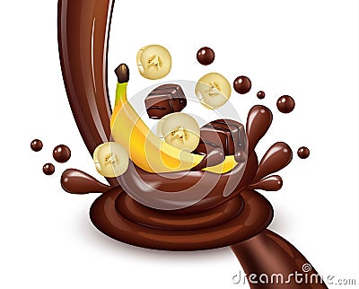 Banana chocolate splash Vector realistic illustration. Product template designs Vector Illustration