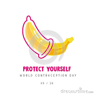 Banana with condom. World contraception day Vector Illustration