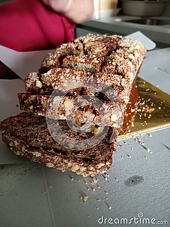 Banana crumble cake. Slices. Chocolate chip Stock Photo