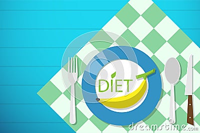 Banana on dish with spoon, fork and knife, diet and health concept Vector Illustration