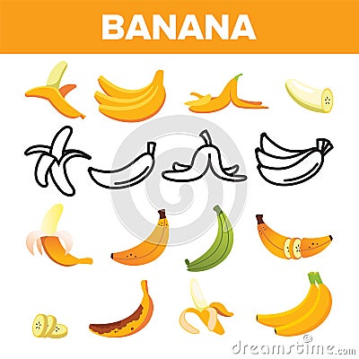 Banana Friut Icon Set Vector. Yellow Food Symbol. Silhouette Bunch. Tropical Nature Diet. Sweet Vegetarian Natural Sign Vector Illustration