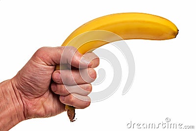 Banana fruit gun hold in hand. Stock Photo