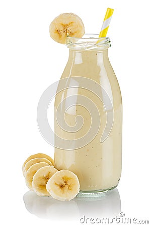 Banana fruit juice smoothie fresh drink in a bottle isolated on white Stock Photo