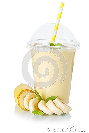 Banana fruit juice smoothie fresh drink milkshake milk shake in a cup isolated on white Stock Photo