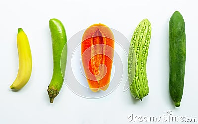 Banana, green long eggplant, ripe papaya, bitter melon, green papaya on white background Stock Photo