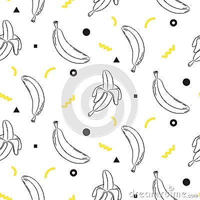 Banana hand drawn sketch line seamless vector pattern black and white. Vector Illustration