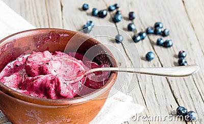 Banana ice cream with blueberries, healthy dessert, vegan Stock Photo