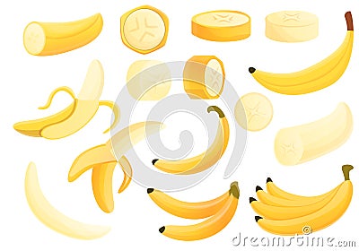 Banana icons set, cartoon style Vector Illustration