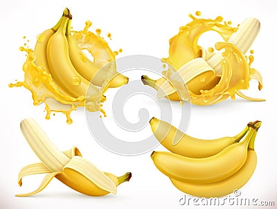 Banana juice. Fresh fruit and splash, 3d vector icon Vector Illustration