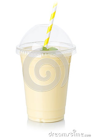 Banana juice smoothie fresh drink milkshake milk shake in a cup isolated on white Stock Photo