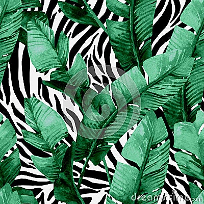 Banana leaf on animal print seamless pattern. Unusual tropical leaves, tiger stripes background Cartoon Illustration