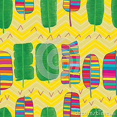 Banana leaf watercolor tribal color chevron seamless pattern Vector Illustration