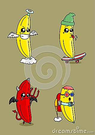 Banana mascot vector set with four types of poses and expressions Vector Illustration