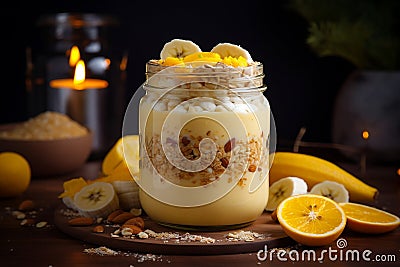 Banana Oatmeal Smoothie Cocktail in a Glass Bottle Jar. AI Stock Photo