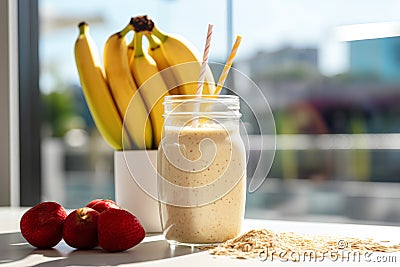 banana and oatmeal smoothie in a glass bottle jar and bananas strawberries on a white kitchen table, sunny blurred outside Stock Photo
