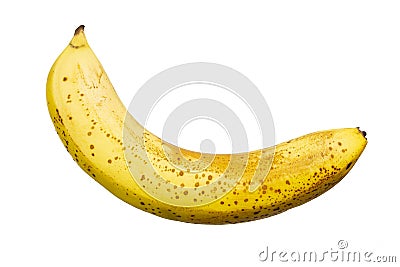 Banana overripe yellow with specks on a white background, isolate close-up Stock Photo