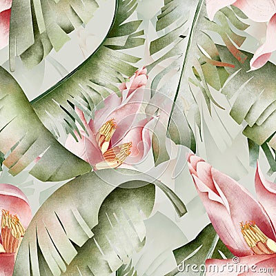 Banana palm blossom in the tropics Watercolor seamless pattern Stock Photo