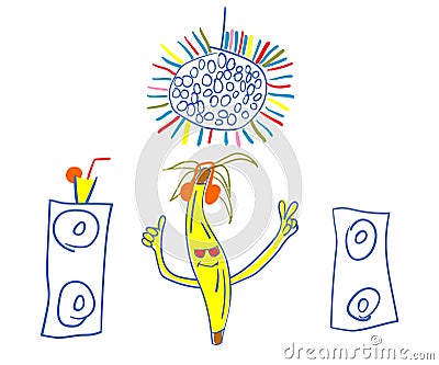 Banana party handdrawn vector illustration. Night club with music. Fun image cartoon style Vector Illustration