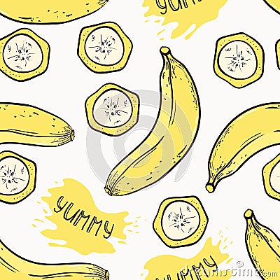 Banana seamless pattern with juice drop and yummy inscription in vector Vector Illustration