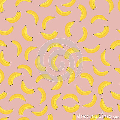 Banana seamless pattern. Yellow bananas on pink background. Vector Illustration