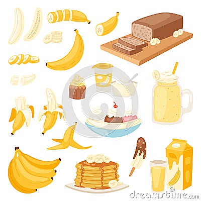Banana set vector bananas products bread pancake or banana split with yellow cocktail and fruit in chocolate Vector Illustration