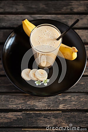 Fresh banana shake with banana slices - High angle view Stock Photo