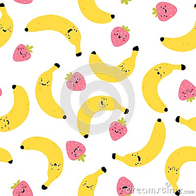 Banana Strawberry Modern creative seamless pattern. Funny yellow-pink characters with happy faces. Vector cartoon illustration in Vector Illustration